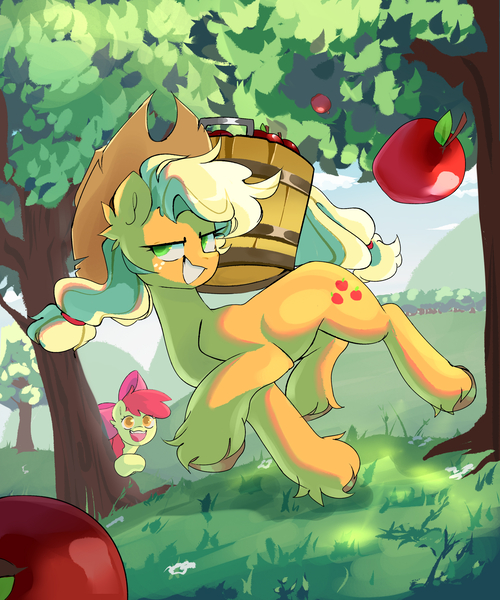 Size: 2500x3000 | Tagged: safe, artist:madiwann, derpibooru import, apple bloom, applejack, earth pony, pony, apple, apple bloom's bow, apple sisters, applejack's hat, bow, cowboy hat, detailed background, duo, duo female, female, filly, foal, food, freckles, grin, hair bow, hat, high res, hooves, image, jpeg, mare, open mouth, open smile, siblings, sisters, smiling, tree