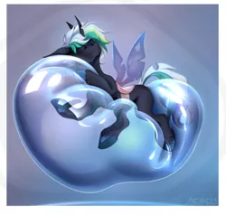 Size: 2984x2844 | Tagged: safe, artist:mithriss, derpibooru import, oc, unofficial characters only, changeling, pony, abstract background, bubble, commission, cuddling, digital art, eyes closed, highlights, hug, image, male, png, smiling, snuggling, solo, stallion, wings