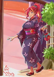 Size: 1400x2000 | Tagged: safe, artist:sozglitch, derpibooru import, sunset shimmer, human, equestria girls, alternate hairstyle, big breasts, breasts, busty sunset shimmer, clothes, floating heart, heart, image, jpeg, kimono (clothing), looking at you, open mouth, open smile, ponytail, purse, sandals, signature, smiling, smiling at you, solo