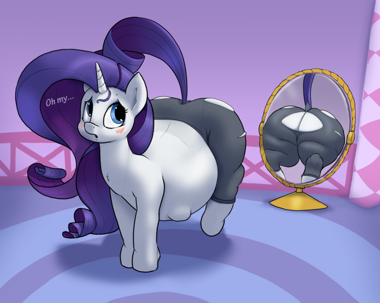Size: 3000x2389 | Tagged: questionable, alternate version, artist:parumpi, derpibooru import, rarity, pony, unicorn, belly, big belly, blush lines, blushing, butt, clothes, dock, featureless crotch, high res, hoof imprints, image, kicking, large butt, mirror, oh my, pants, png, preggity, pregnant, raised tail, rearity, reflection, ripped pants, ripping clothes, solo, tail, torn clothes