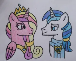 Size: 828x660 | Tagged: safe, artist:dragonpriness, derpibooru import, princess cadance, shining armor, alicorn, pony, unicorn, female, husband and wife, image, jpeg, looking at each other, looking at someone, male, mare, shiningcadance, shipping, simple background, smiling, smiling at each other, stallion, straight, traditional art