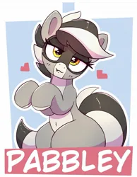 Size: 1300x1677 | Tagged: safe, artist:pabbley, derpibooru import, oc, oc:bandy cyoot, unofficial characters only, hybrid, pony, raccoon, raccoon pony, bedroom eyes, belly button, butt, female, floating heart, heart, huge butt, image, jpeg, large butt, looking at you, mare, passepartout, smiling, smiling at you, solo