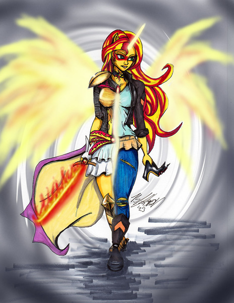 Size: 773x1000 | Tagged: safe, artist:masterdarhil, derpibooru import, sunset shimmer, equestria girls, crown, daydream shimmer, fanfic art, fiery wings, flaming sword, image, jewelry, jpeg, looking away, marker drawing, mixed media, ponied up, regalia, traditional art, wavy hair, wings