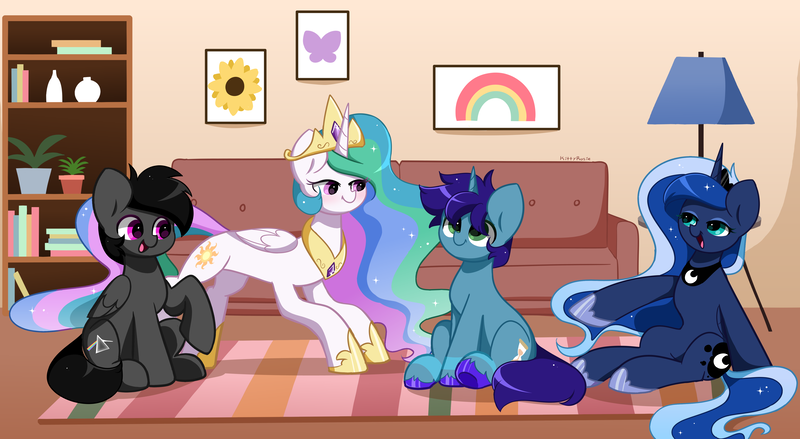 Size: 5456x2993 | Tagged: safe, artist:kittyrosie, derpibooru import, minuette, princess celestia, princess luna, oc, unnamed oc, alicorn, pegasus, pony, unicorn, absurd resolution, bookshelf, commission, couch, crown, female, flower pot, folded wings, group, hoof shoes, horn, image, jewelry, lamp, mare, open mouth, open smile, pegasus oc, peytral, png, quartet, raised hoof, regalia, royal sisters, siblings, signature, sisters, sitting, smiling, wings