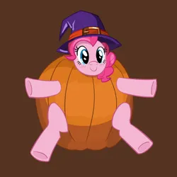 Size: 2156x2156 | Tagged: safe, artist:nonameorous, derpibooru import, pinkie pie, earth pony, pony, brown background, halloween, hat, high res, holiday, image, looking at you, png, pumpkin, simple background, smiling, solo, toy interpretation, witch hat
