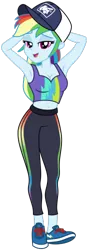 Size: 174x500 | Tagged: safe, artist:emeraldblast63, derpibooru import, rainbow dash, equestria girls, arm behind head, bare midriff, baseball cap, breasts, busty rainbow dash, cap, clothes, hat, image, leggings, lidded eyes, looking at you, open mouth, png, shoes, smiling, tanktop