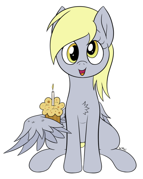 Size: 1862x2334 | Tagged: safe, artist:wapamario63, ponerpics import, ponybooru import, derpy hooves, pegasus, pony, candle, chest fluff, cute, female, food, image, mare, muffin, open mouth, png, simple background, sitting, solo, transparent background, wings