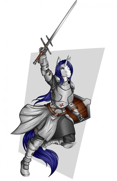 Size: 831x1280 | Tagged: safe, artist:planktonheretic, derpibooru import, oc, oc:purity dewinter, unofficial characters only, anthro, unguligrade anthro, unicorn, armor, commission, dynamic pose, fantasy class, female, image, jpeg, knight, paladin, plate armor, shield, simple background, solo, sword, warrior, weapon, zweihander