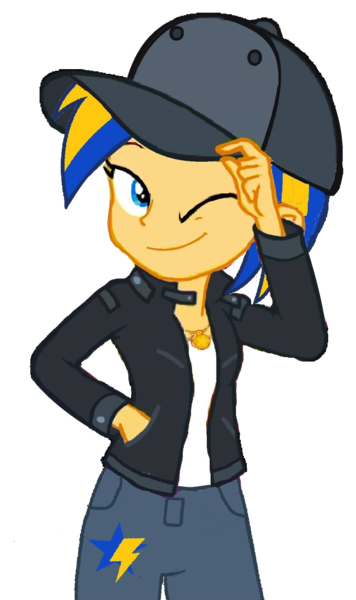 Size: 1067x1796 | Tagged: safe, artist:mlpfan3991, derpibooru import, oc, oc:flare spark, unofficial characters only, display of affection, equestria girls, equestria girls series, baseball cap, cap, clothes, cutie mark, cutie mark on clothes, denim, female, hat, image, jacket, jeans, jewelry, looking at you, necklace, one eye closed, pants, png, simple background, smiling, solo, transparent background, wink, winking at you