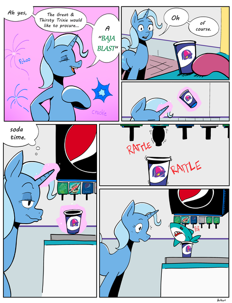 Size: 3840x5015 | Tagged: safe, artist:balileart, derpibooru import, trixie, oc, earth pony, pony, shark, unicorn, blåhaj, cup, dialogue, drink, eyes closed, female, hoof on chest, image, implied transgender, mare, offscreen character, open mouth, open smile, plushie, png, shark plushie, smiling, soda, solo focus, speech bubble, taco bell, wat