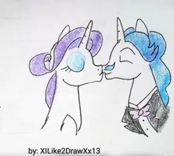 Size: 750x671 | Tagged: safe, artist:xilike2drawxx13, derpibooru import, fancypants, rarity, pony, unicorn, eyes closed, female, image, jpeg, kiss on the lips, kissing, male, mare, raripants, shipping, simple background, stallion, straight, traditional art