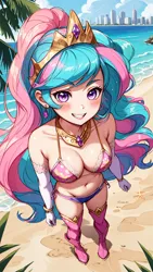 Size: 1080x1920 | Tagged: suggestive, derpibooru import, machine learning generated, stable diffusion, princess celestia, human, ai content, beach, belly button, bikini, blushing, boots, breasts, city, cityscape, cleavage, clothes, day, ear piercing, earring, evening gloves, generator:celestia, generator:pikasmarubetav10, gloves, humanized, image, jewelry, jpeg, lace, long gloves, long hair, looking at you, multicolored hair, necklace, ocean, outdoors, piercing, ponytail, prompt in description, prompter:marusame, regalia, shoes, smiling, smiling at you, socks, standing, swimsuit, thigh boots, thigh highs, water
