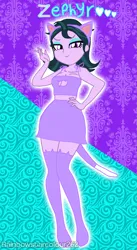 Size: 1643x2993 | Tagged: safe, artist:rainbowstarcolour262, derpibooru import, zephyr, cat, human, series:equ shadowcats, equestria girls, abstract background, animal costume, background human, bare shoulders, boob window, breasts, busty zephyr, cat costume, cat ears, cat tail, catgirl, cleavage, clothes, costume, crystal prep shadowbolts, eyeshadow, female, hand on hip, image, makeup, midriff, png, purple eyes, signature, skirt, sleeveless, socks, solo, stockings, tail, thigh highs