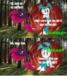 Size: 1920x2173 | Tagged: safe, tempest shadow, pony, robot, unicorn, 2 panel comic, broken horn, comic, crossover, duo, duo female, eaten alive, endosoma, female, female pred, female prey, forest, forest background, horn, image, inside stomach, internal, jenny wakeman, my life as a teenage robot, non-fatal vore, png, stomach noise, tempred, tree, vore, x-ray