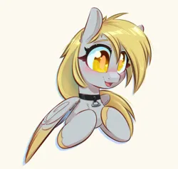 Size: 1000x952 | Tagged: safe, artist:inkypuso, derpibooru import, derpy hooves, pegasus, pony, blushing, collar, colored pupils, colored wings, colored wingtips, cute, derpabetes, female, image, jpeg, mare, open mouth, open smile, simple background, smiling, solo, wings, yellow background