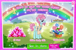 Size: 1962x1298 | Tagged: safe, derpibooru import, official, earth pony, pony, advertisement, apron, basket, beard, candy, clothes, costs real money, english, facial hair, food, gameloft, gem, image, jpeg, lollipop, male, mobile game, moustache, my little pony: magic princess, numbers, papa beard, sale, shirt, solo, stallion, sweets, text