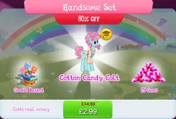 Size: 1268x859 | Tagged: safe, derpibooru import, official, earth pony, pony, apron, basket, beard, bundle, candy, clothes, costs real money, english, facial hair, food, gameloft, gem, image, jpeg, lollipop, male, mobile game, moustache, my little pony: magic princess, numbers, papa beard, sale, shirt, solo, stallion, sweets, text