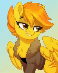 Size: 1170x1461 | Tagged: safe, artist:parlay, derpibooru import, spitfire, pegasus, pony, alternate hairstyle, bomber jacket, clothes, female, freckles, gradient background, image, jacket, jpeg, mare, smiling, solo