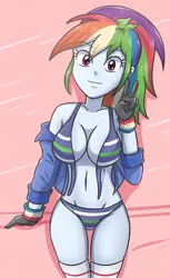 Size: 1172x1920 | Tagged: suggestive, artist:sumin6301, derpibooru import, rainbow dash, human, equestria girls, belly button, breasts, busty rainbow dash, cleavage, clothes, eyebrows, eyebrows visible through hair, female, gloves, happy, image, jacket, jpeg, leaning back, looking at you, nudity, off shoulder, panties, peace sign, pink background, ponytail, simple background, smiling, smiling at you, socks, solo, solo female, striped panties, striped underwear, stupid sexy rainbow dash, sweatband, thigh highs, underwear, white socks