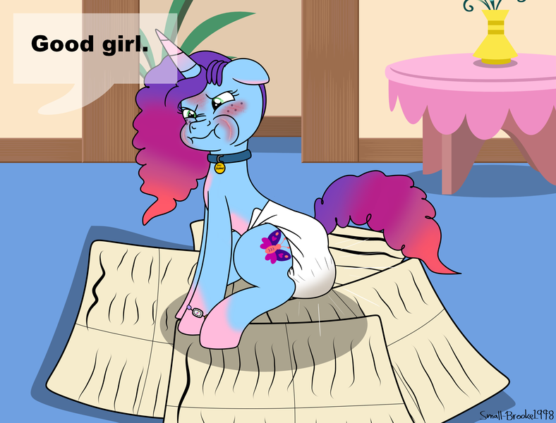 Size: 2549x1941 | Tagged: questionable, artist:lynnthenerdkitty, derpibooru import, dog, pony, unicorn, g5, collar, diaper, diaper fetish, fetish, hypnosis, image, messy diaper, misty brightdawn, newspaper, non baby in diaper, nose wrinkle, pet play, png, poop, pooping, puppy, squatting, straining