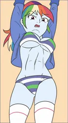 Size: 1078x1920 | Tagged: suggestive, artist:sumin6301, derpibooru import, rainbow dash, human, equestria girls, annoyed, arms in the air, belly button, bra, breasts, busty rainbow dash, cleavage, clothes, confused, eyebrows, eyebrows visible through hair, female, image, jacket, jpeg, looking at you, looking down, looking down at you, low angle, open mouth, panties, ponytail, simple background, socks, solo, solo female, standing, striped bra, striped panties, striped underwear, stupid sexy rainbow dash, underboob, underwear, white socks, yellow background