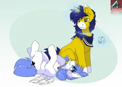 Size: 1100x778 | Tagged: safe, artist:arctic-fox, derpibooru import, oc, oc:seigwestwood, oc:snow pup, unofficial characters only, pegasus, pony, unicorn, ball, duo, horn, image, jpeg, pegasus oc, unicorn oc, wings