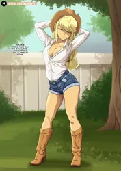 Size: 4962x7016 | Tagged: suggestive, artist:rambon7, derpibooru import, applejack, human, equestria girls, absolute cleavage, arm behind head, boots, breasts, cleavage, clothes, denim, denim shorts, female, image, png, shirt, shoes, shorts, solo, solo female