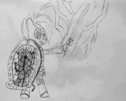 Size: 2702x2165 | Tagged: safe, artist:wallbeige, ponerpics import, rainbow dash, armor, armored pony, bipedal, cracked glass, element of loyalty, image, lightning, looking glass knight, mirror, mirror portal, png, shield, sword, weapon