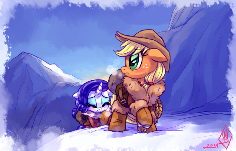 Size: 1950x1250 | Tagged: safe, artist:whitediamonds, derpibooru import, applejack, rarity, earth pony, pony, unicorn, applejack's hat, blushing, boots, breath, bundled up, clothes, cold, cowboy hat, duo, duo female, eyebrows, eyebrows visible through hair, eyes closed, female, freckles, g4, hat, horn, image, jacket, lesbian, mare, mountain, outdoors, png, raised hoof, rarijack, rarijack daily, shipping, shoes, signature, snow