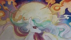 Size: 3183x1791 | Tagged: safe, artist:slimeprnicess, derpibooru import, princess celestia, alicorn, pony, female, image, jpeg, looking at you, mare, solo, sun, traditional art, watercolor painting, wip