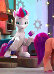 Size: 484x658 | Tagged: safe, derpibooru import, screencap, sunny starscout, zipp storm, g5, my little pony: make your mark, my little pony: make your mark chapter 2, spoiler:g5, spoiler:my little pony: make your mark, spoiler:my little pony: make your mark chapter 2, spoiler:mymc02e05, animated, cropped, drink, gif, image, looking at you, out of context, smoothie, the cutie mark mix-up