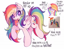 Size: 1340x1020 | Tagged: safe, artist:lazy-ale, derpibooru import, oc, unofficial characters only, pegasus, pony, colored pupils, female, heart, heart eyes, image, jpeg, looking at you, mare, multicolored hair, not rainbow dash, open mouth, open smile, rainbow hair, simple background, smiling, smiling at you, solo, spanish, text, white background, wingding eyes