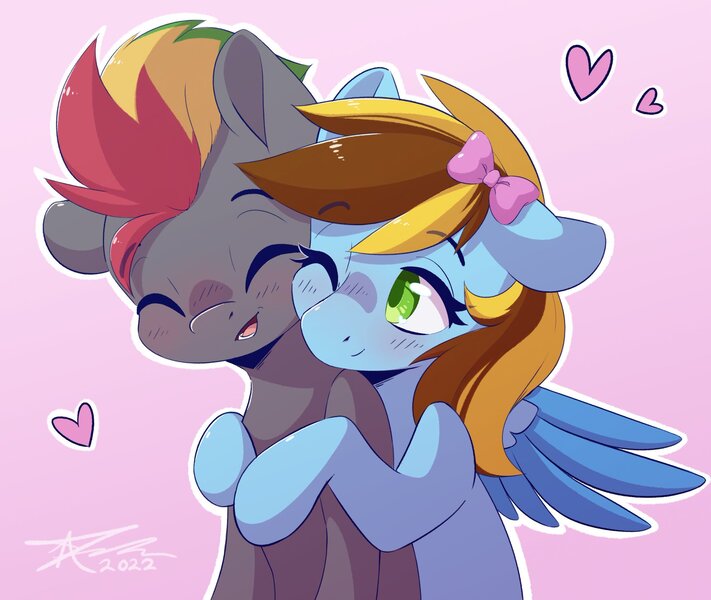 Size: 2048x1728 | Tagged: safe, artist:mindlessnik, derpibooru import, oc, oc:lucky bolt, oc:sliding bolt, unofficial characters only, pegasus, pony, blushing, bow, couple, cute, female, hair bow, heart, holiday, hug, hug from behind, image, jpeg, love, male and female, mare, multicolored hair, pegasus oc, valentine's day, wings