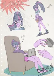 Size: 1920x2716 | Tagged: safe, artist:amazingpuffhair, derpibooru import, sci-twi, twilight sparkle, human, equestria girls, barefoot, chair, commission, computer, feet, high res, image, jpeg, laptop computer, sitting, solo