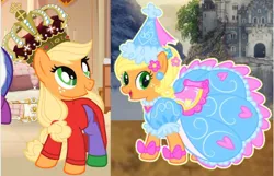 Size: 1405x907 | Tagged: safe, derpibooru import, applejack, earth pony, pony, bow, clothes, comparison, crown, dress, ear piercing, flower, flower in hair, froufrou glittery lacy outfit, happy, hat, hennin, image, jewelry, jpeg, long sleeves, necklace, piercing, princess, princess applejack, puffy sleeves, regalia, smiling