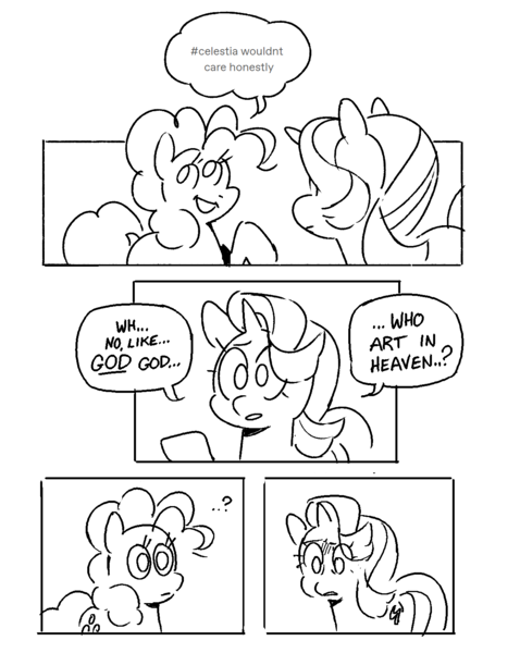 Size: 1239x1556 | Tagged: safe, artist:kylesmeallie, derpibooru import, pinkie pie, starlight glimmer, earth pony, pony, unicorn, black and white, comic, dialogue, duo, female, grayscale, image, implied princess celestia, mare, monochrome, png, question mark, religion, simple background, speech bubble, white background