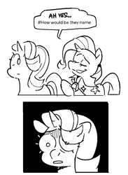 Size: 871x1187 | Tagged: safe, artist:kylesmeallie, derpibooru import, starlight glimmer, trixie, pony, unicorn, black and white, comic, dialogue, female, grayscale, hair over one eye, image, mare, monochrome, png, religion, simple background, speech bubble, white background
