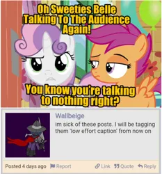 Size: 1496x1604 | Tagged: safe, edit, ponerpics import, ponybooru import, scootaloo, sweetie belle, pegasus, pony, unicorn, ponerpics, bloom and gloom, breaking the fourth wall, clubhouse, crusaders clubhouse, dialogue, duo, female, filly, foal, image, jpeg, looking at you, low effort caption, meme, meta, scootaloo is not amused, text, unamused