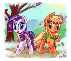 Size: 1300x1125 | Tagged: safe, artist:whitediamonds, derpibooru import, applejack, rarity, earth pony, pony, unicorn, season 1, winter wrap up, animal team, applejack's hat, clothes, cowboy hat, duo, duo female, eyebrows, eyebrows visible through hair, female, freckles, g4, hat, horn, image, lesbian, looking at each other, looking at someone, mare, open mouth, open smile, plant team, png, raised hoof, rarijack, rarijack daily, shipping, signature, smiling, smiling at each other, snow, vest, winter wrap up vest