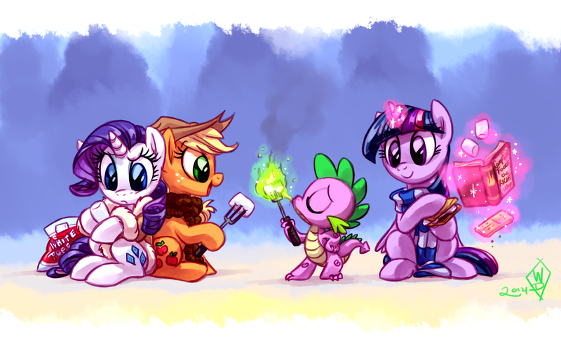 Size: 2000x1250 | Tagged: safe, artist:whitediamonds, derpibooru import, applejack, rarity, spike, twilight sparkle, twilight sparkle (alicorn), alicorn, dragon, earth pony, pony, unicorn, applejack's hat, book, clothes, cowboy hat, eyes closed, female, fire, food, fork, freckles, frown, g4, glow, glowing horn, graham cracker, group, hat, hoof hold, horn, image, lesbian, levitation, magic, magic aura, mare, marshmallow, open mouth, open smile, png, quartet, rarijack, rarijack daily, s'mores, scarf, shipping, signature, sitting, smiling, striped scarf, telekinesis