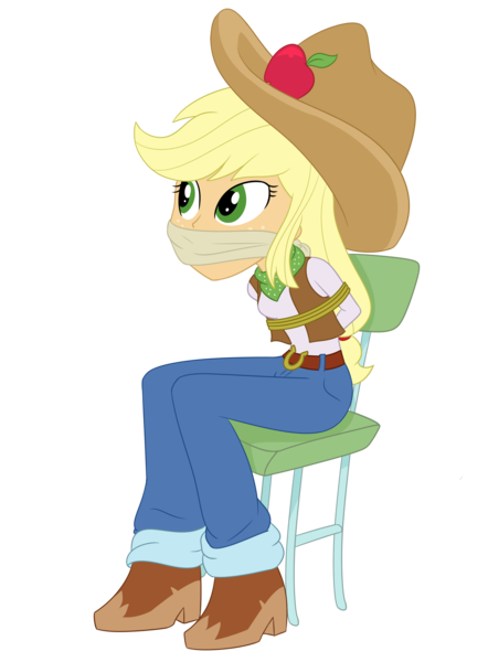 Size: 1472x2000 | Tagged: safe, artist:splendidbondage, derpibooru import, applejack, equestria girls, bondage, gag, image, png, solo, tied up