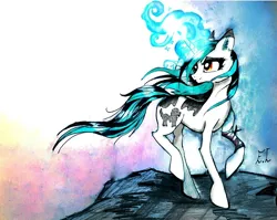 Size: 1024x815 | Tagged: safe, derpibooru import, edit, oc, pony, unicorn, amber eyes, evening, female, image, light skin, mare, not porn, old art, png, sfw edit, spots, traditional art, unicorn magic