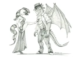 Size: 1400x1094 | Tagged: safe, artist:baron engel, derpibooru import, rarity, spike, anthro, dragon, unguligrade anthro, unicorn, breasts, busty rarity, clothes, dancing, duo, female, hat, image, jpeg, male, monochrome, open clothes, open shirt, side slit, simple background, spread wings, white background, wings