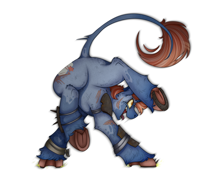 Size: 2300x2000 | Tagged: safe, artist:molars, derpibooru import, oc, oc:tenpin, unofficial characters only, pony, unicorn, fallout equestria, armor, ashes town, ashes town oc, bandage, blue fur, butt, drool, dynamic pose, frog (hoof), horseshoes, image, leonine tail, png, raider, scar, simple background, smiling, solo, sparks, spikes, tail, teeth, tongue out, transparent background, underhoof, unshorn fetlocks