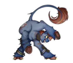 Size: 2300x2000 | Tagged: safe, artist:molars, derpibooru import, oc, oc:tenpin, unofficial characters only, pony, unicorn, fallout equestria, armor, ashes town, ashes town oc, bandage, blue fur, butt, drool, dynamic pose, frog (hoof), horseshoes, image, leonine tail, png, raider, scar, simple background, smiling, solo, sparks, spikes, tail, teeth, tongue out, transparent background, underhoof, unshorn fetlocks