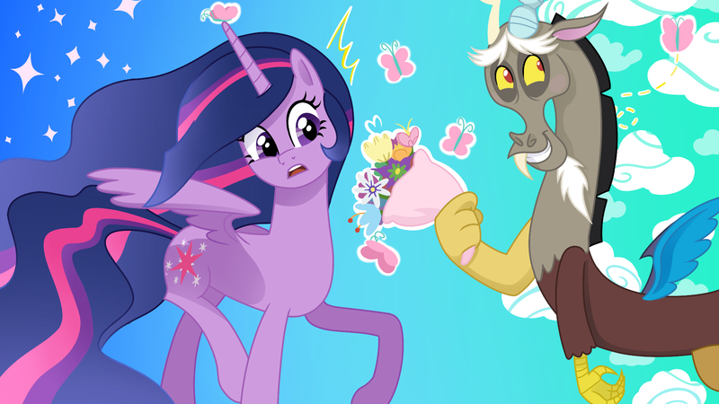 Size: 1920x1080 | Tagged: safe, artist:sallyso, derpibooru import, discord, princess twilight 2.0, twilight sparkle, twilight sparkle (alicorn), alicorn, butterfly, draconequus, insect, the last problem, discolight, duo, duo male and female, female, flower, gradient background, horn, image, implied fluttershy, looking away, male, older, older twilight, png, shipper on deck, shipping, smiling, sparkles, straight, surprised