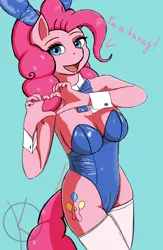Size: 1654x2530 | Tagged: suggestive, artist:kpapwiss, derpibooru import, pinkie pie, anthro, earth pony, bowtie, bunny ears, bunny suit, clothes, costume, cuffs (clothes), female, heart hands, image, jpeg, looking at you, open mouth, open smile, smiling, smiling at you, socks, solo, solo female, stockings, thigh highs