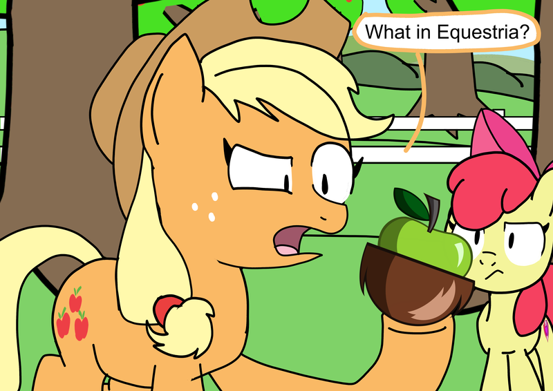 Size: 4960x3508 | Tagged: safe, derpibooru import, apple bloom, applejack, earth pony, pony, apple, apple tree, coconapple, coconut, food, image, lego, mixels, png, speech bubble, sweet apple acres, tree