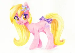 Size: 1408x1000 | Tagged: safe, artist:maytee, derpibooru import, lily, lily valley, earth pony, pony, bow, colored pencil drawing, flower, flower in hair, image, jpeg, solo, tail, tail bow, traditional art, watercolor painting