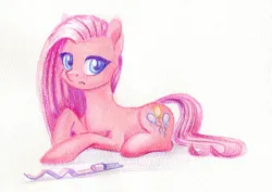 Size: 1410x1000 | Tagged: safe, artist:maytee, derpibooru import, pinkie pie, earth pony, pony, colored pencil drawing, image, jpeg, lying down, party horn, pinkamena diane pie, prone, solo, traditional art, watercolor painting